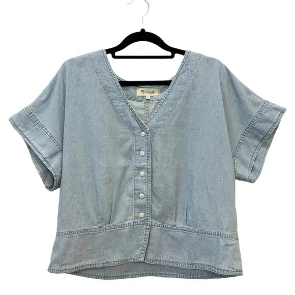 Madewell Denim Pleated Short-Sleeve Top in Doral Wash NP039 Size XL $88 - Picture 5 of 9